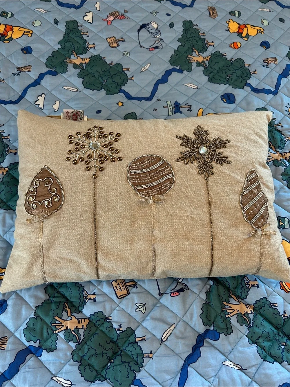Beige Embellished Holiday Pillow with Metallic Accents